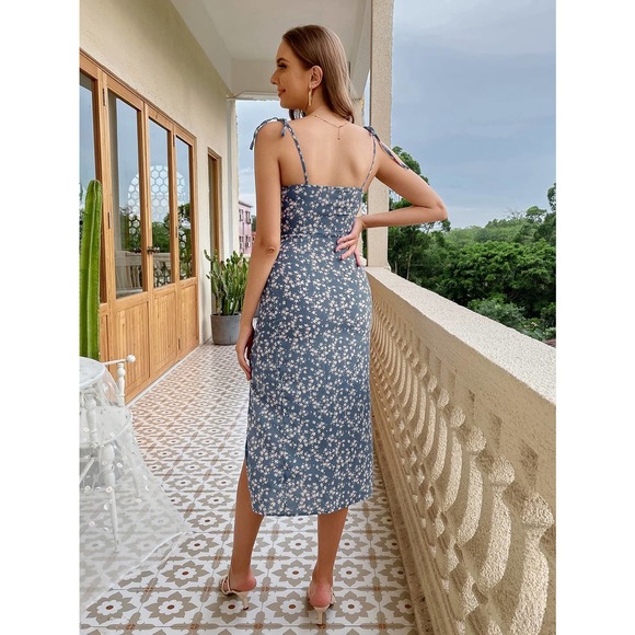 boho preppy Tie Shoulder High Split Floral midi Dress - Picture 3 of 8